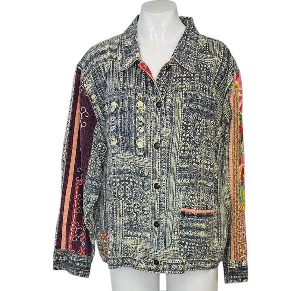 Chico's Womens 100% Linen Vintage Button Up Shacket, Patchwork, 3 / US Large - Picture 1 of 7